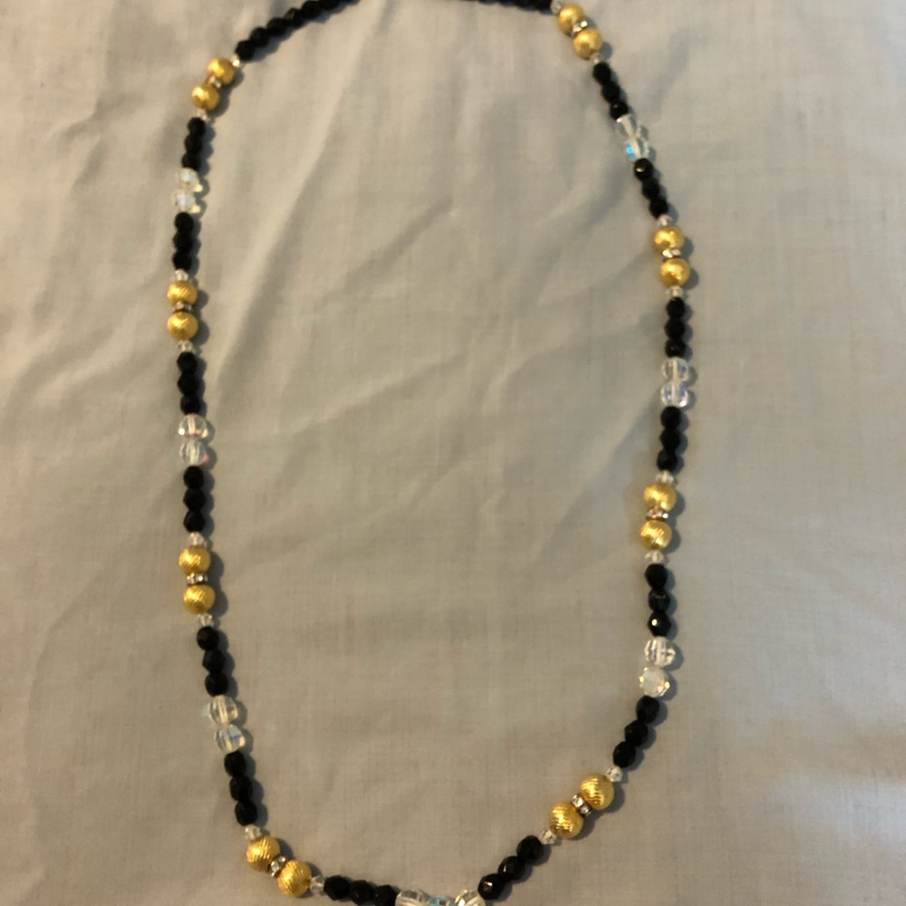 Long black gold and crystal bead necklace